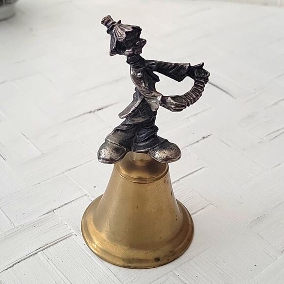 Vintage Pewter Clown Playing Accordian On Brass Bell Collectible About 5" Tall - Picture 1 of 9